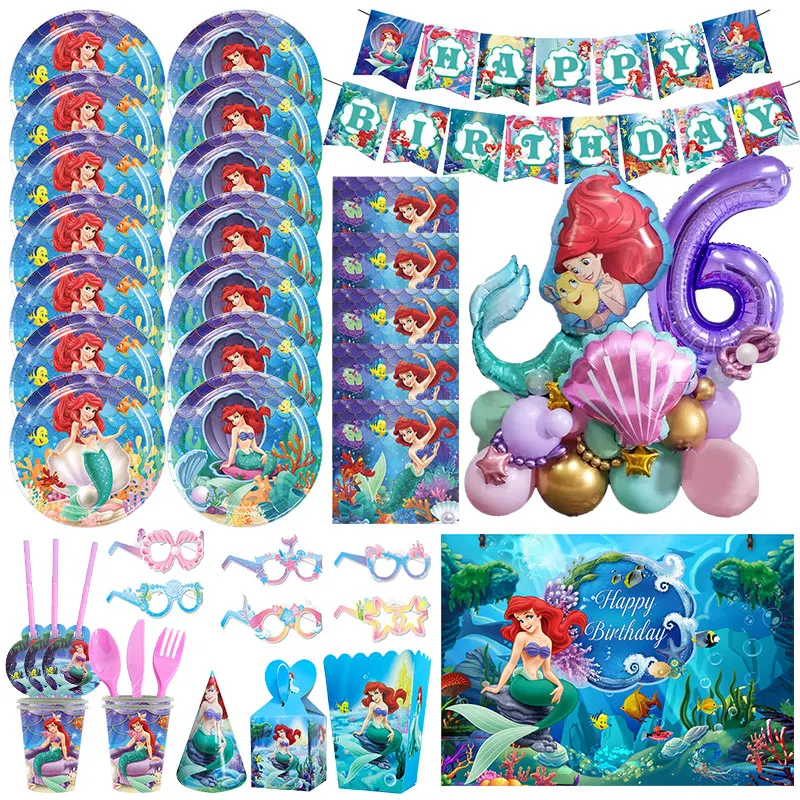 The Little Mermaid Birthday Party Decoration Princess Ariel Paper Napkin Plate Cup Tablecloth Balloons Kids Baby Shower Supplies