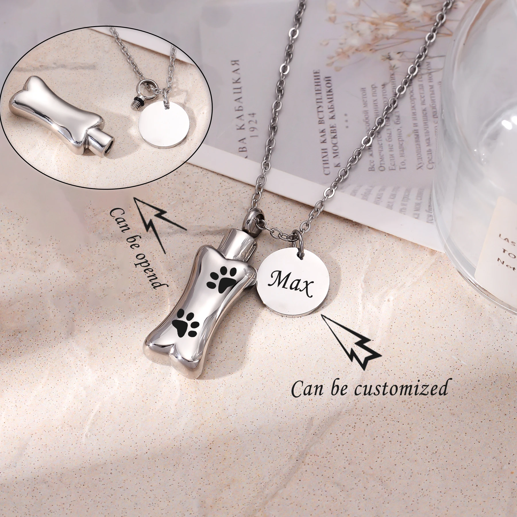 Bone Shaped Urn Necklace for Ashes with Round Pendant Customized Name Date Text Keepsake Cremation Stainless Steel Jewelry