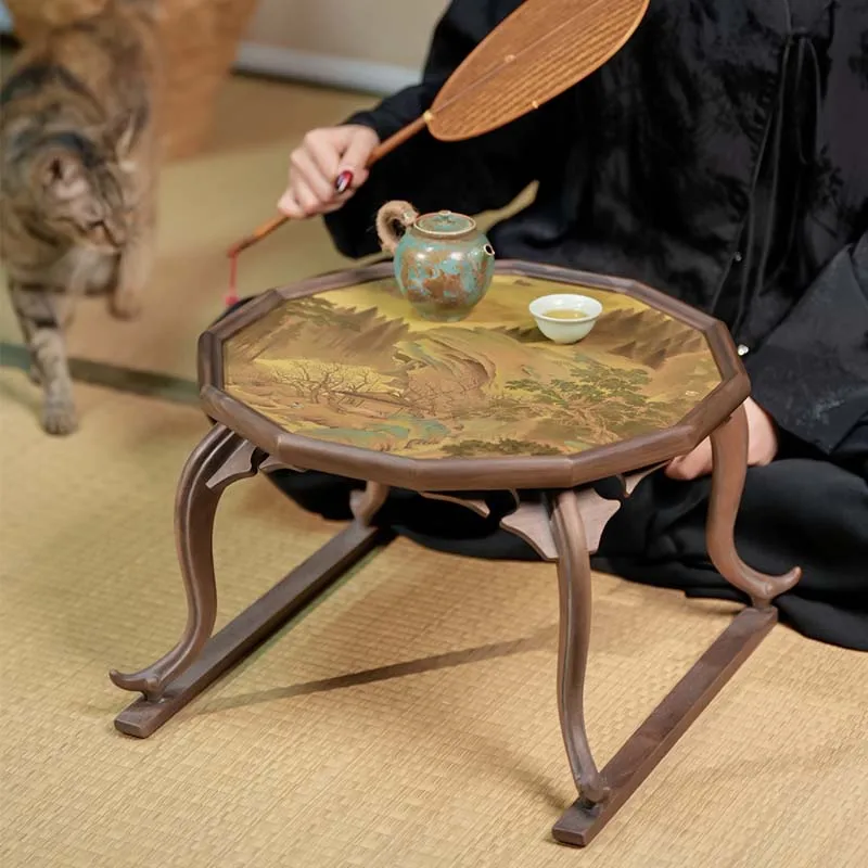 

Walnut Kangji solid wood inlaid copper low table household tatami bay window coffee table peach village