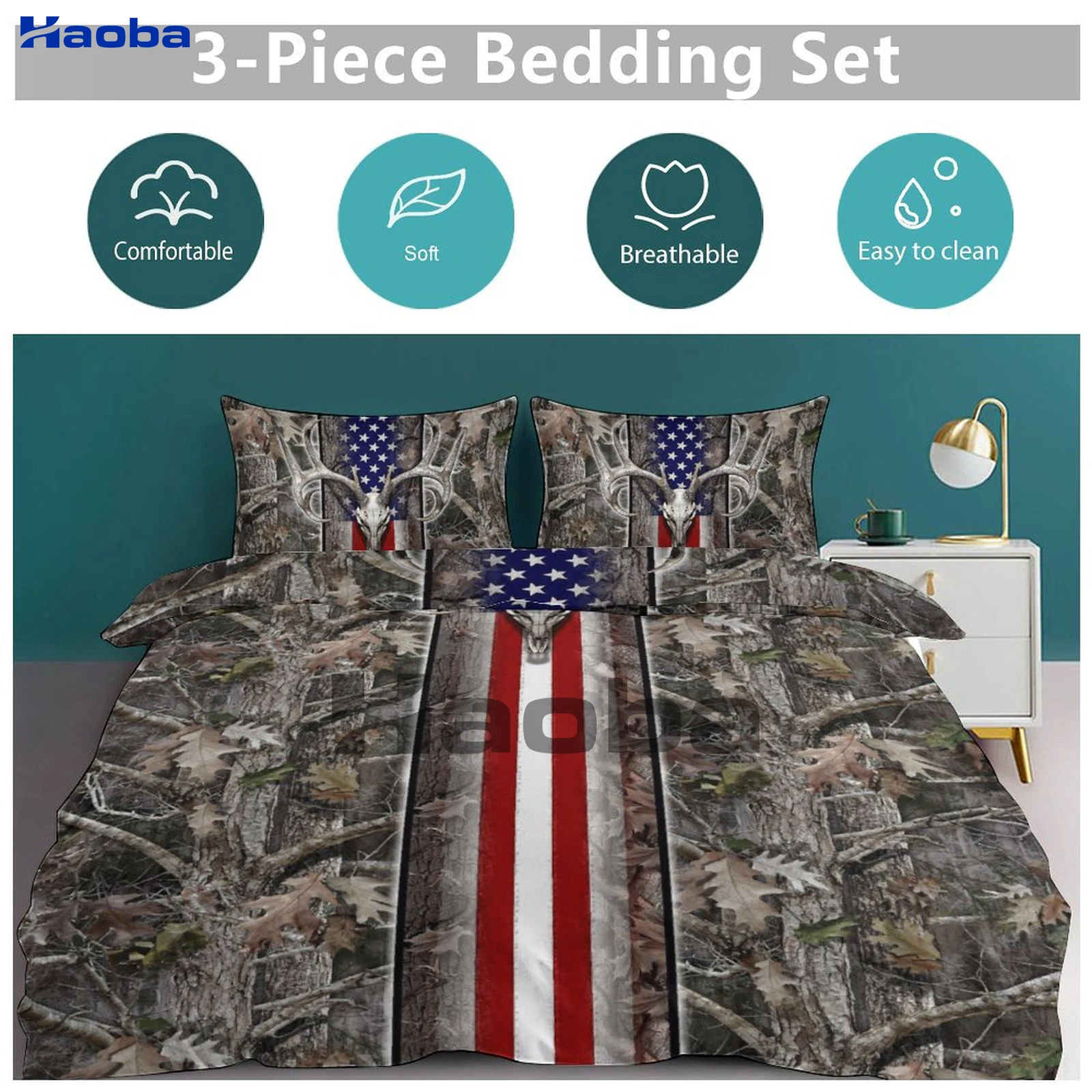 Conjunto de cama de três peças para crianças e adultos, capas de colcha, colcha, capa, veados, alces, camo, América, bandeira, presentes de aniversário, mulheres, homens