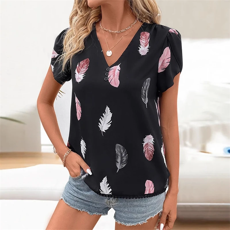 

Women Casual T-Shirts 2025 Summer New Arrival V Neck Short Sleeve Printed Feather Blouse Top Ladies Fashion Daily Wear