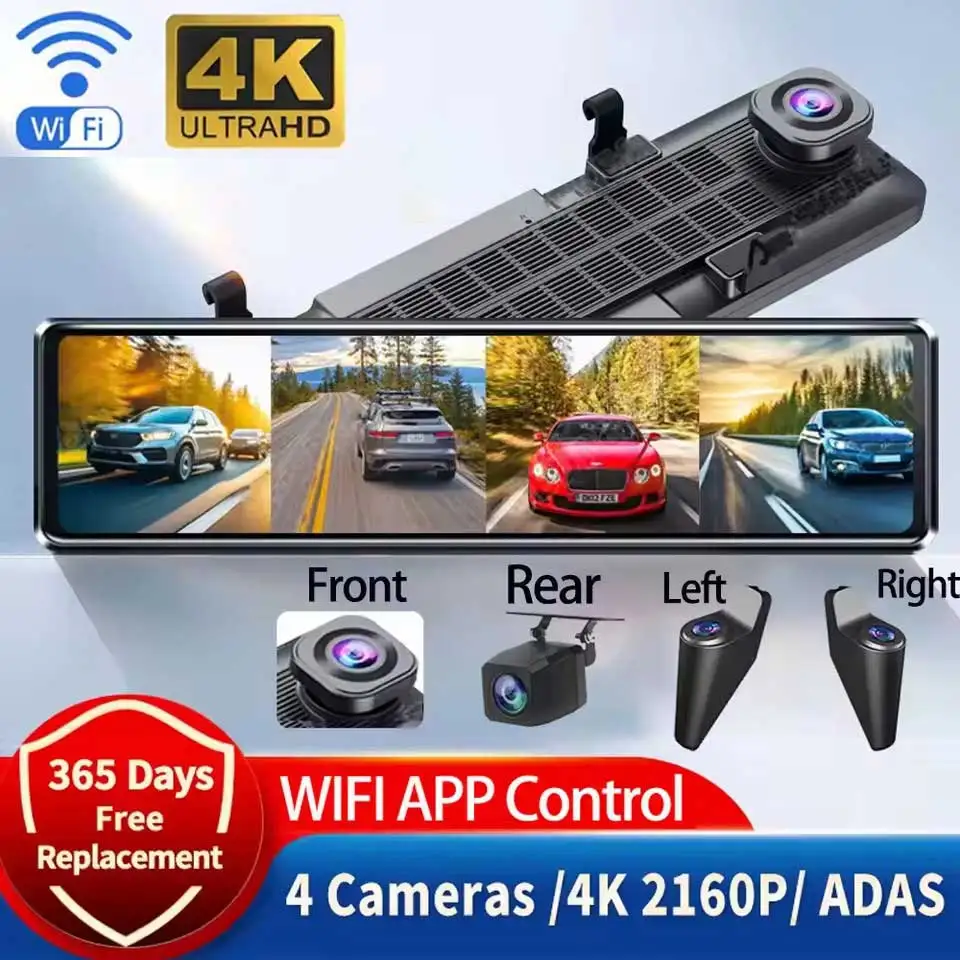 12 inch 4K+1080P*3 HD 360° Panaromic 4-Channel Recorder ADAS BSD WIFI Car DVR Rear View Mirror Auto Camera 24H Parking Recorder