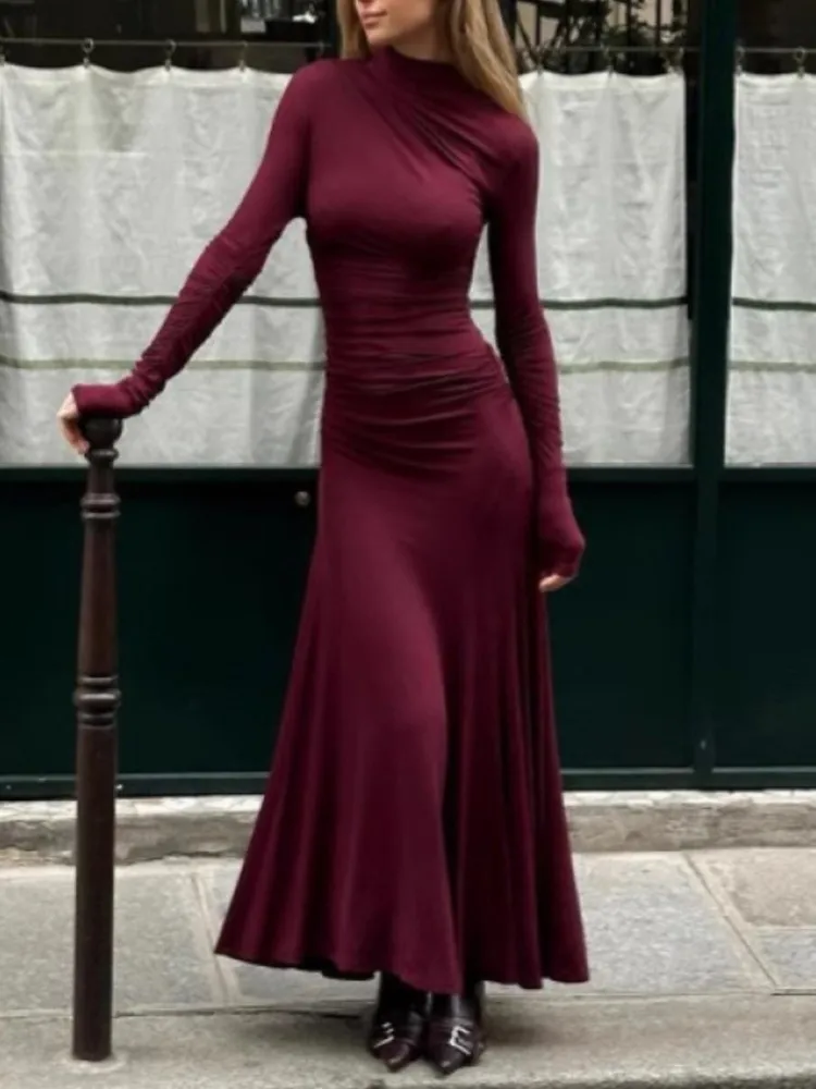 

Elegant Solid Color Slim Pleated Dresses Women Trendy Chic Half Turtleneck Long Sleeve Package Hip Bodycon long Dress Party Gown