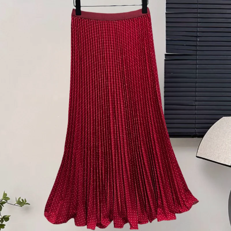 Polka Dot Chiffon Pleated Long Skirt Women Spring Summer Fashion High Waisted Dance Party Work Beach Trumpet Mermaid Skirt