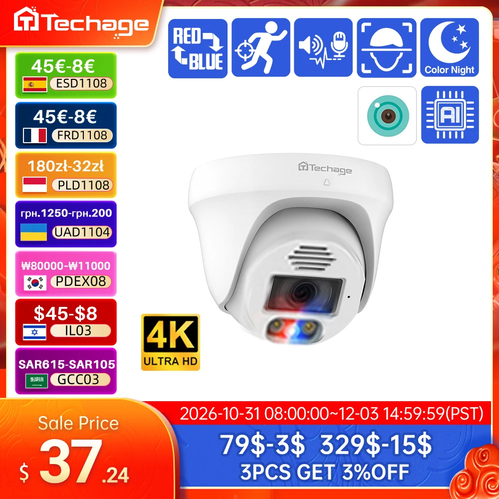 camera-ip-dome-techage-hd-8mp-4k-poe-interieure-detection-humaine-suivi-automatique-vision-nocturne-couleur-protection-et-surveillance-domestique