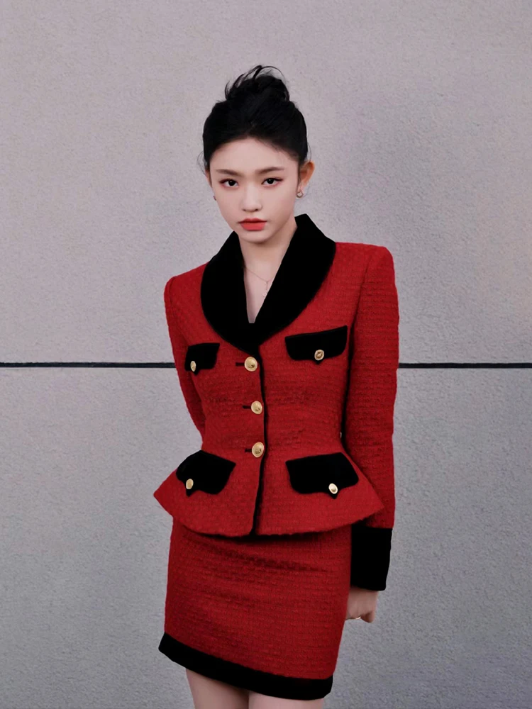 Red Down Jacket Dress Sets 2024 winter New French Fashion High-end Stitching Velvet Long Sleeve Coat Skirt Temperament Twinset