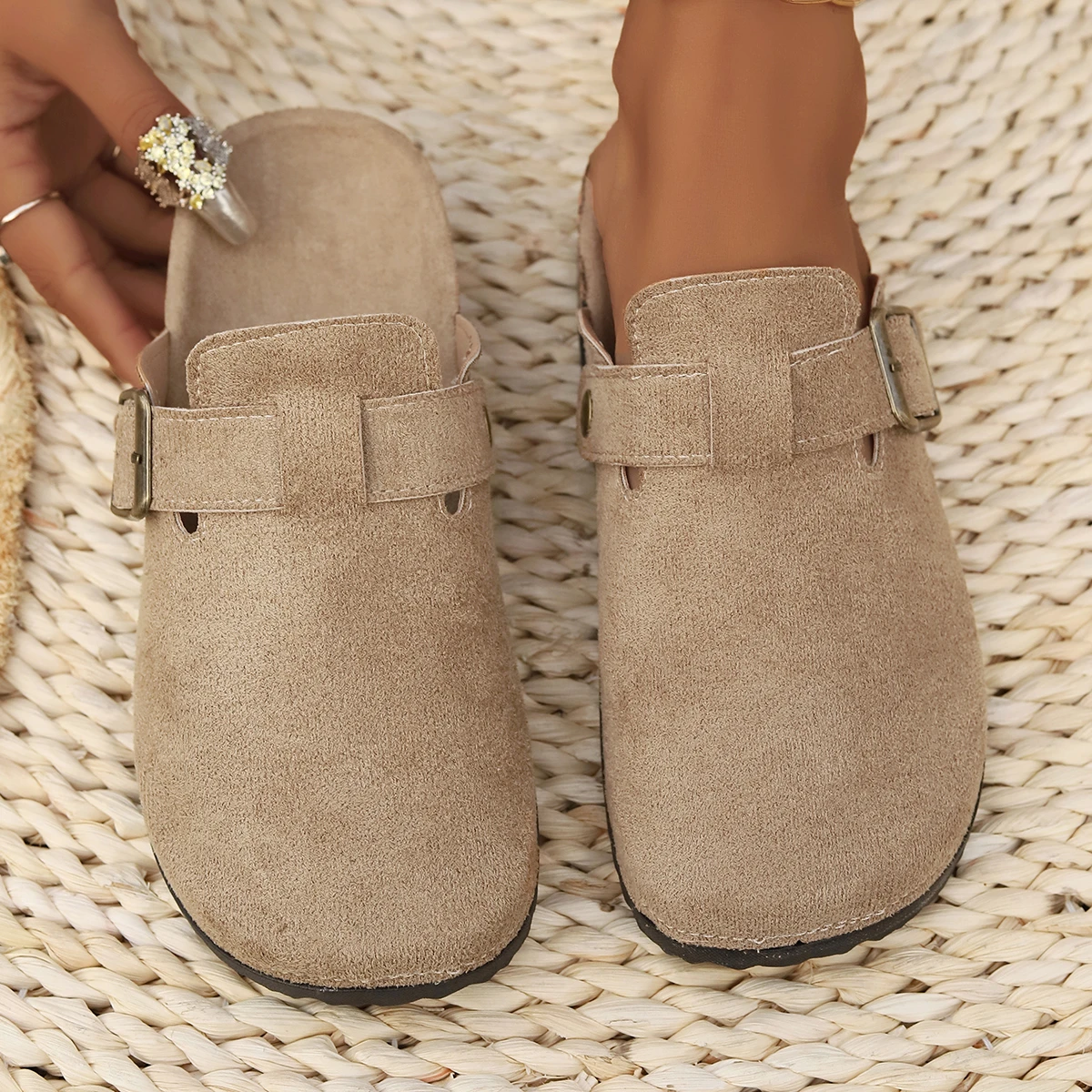 Fashion Women's Suede Mules Slippers Clogs Cork Insole Sandals With Arch Support Outdoor Beach Slides Home Flats Shoesslides