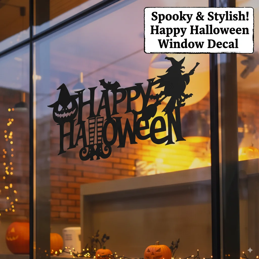 

Halloween Decor | “Happy Halloween” Window Sticker with Witch, Pumpkin, and Bats for Spooky Home and Door Decoration