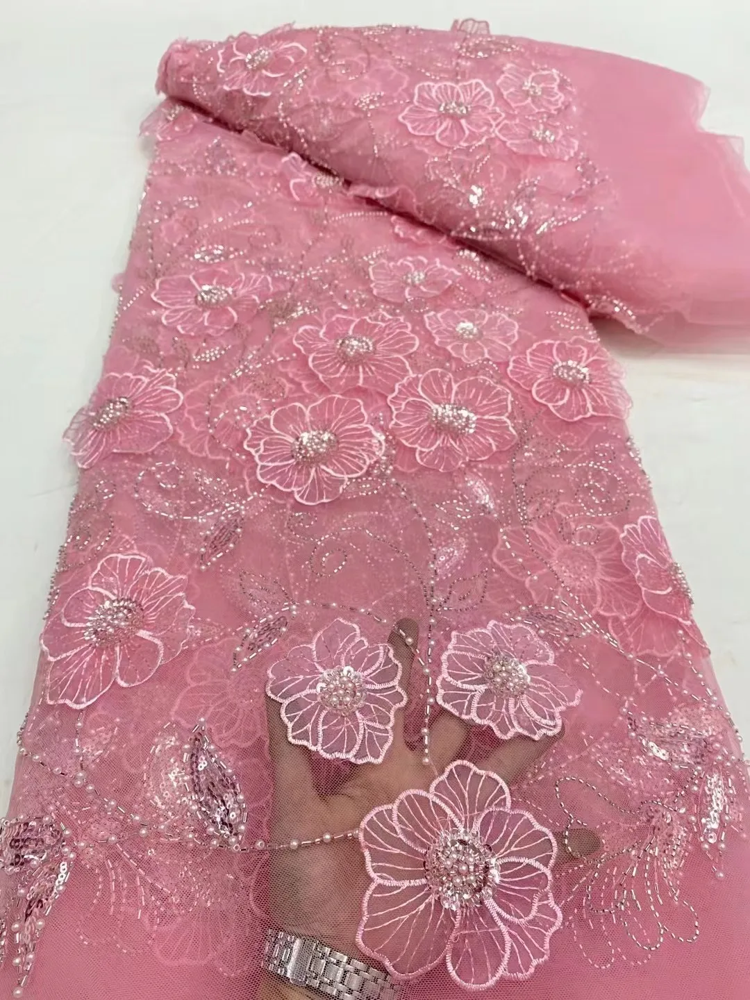 Luxurious Nigerian Sequins Lace Fabric 2024 High Quality  Embroidery Beads African French Lace Fabric For Wedding Dress