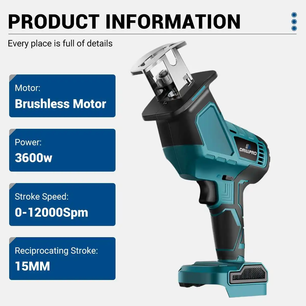 Imagem -03 - Serra Alternativa Drillpro Brushless Serra Elétrica para Corte de Madeira e Metal Ferramenta Elétrica para Bateria Makita 18v 3600w 12000spm