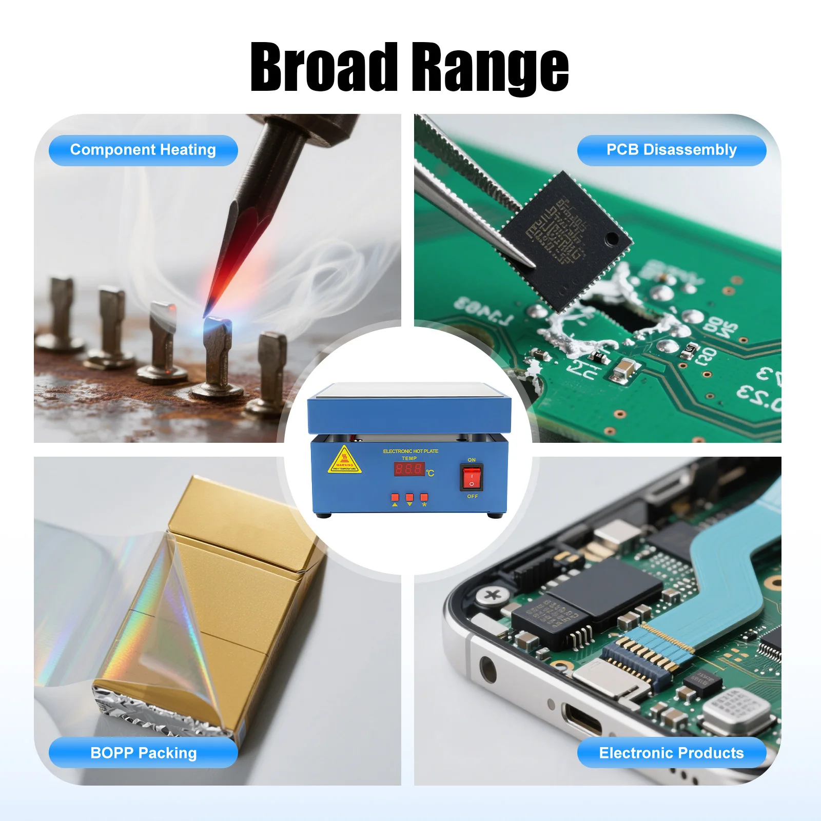 แผ่นทำความร้อนอิเล็กทรอนิกส์สำหรับงานบัดกรี 800 วัตต์ 50~400 ° เครื่องเชื่อมแบบปรับอุณหภูมิได้พร้อมแผ่นความร้อนสำหรับงานซ่อมแซม SMD