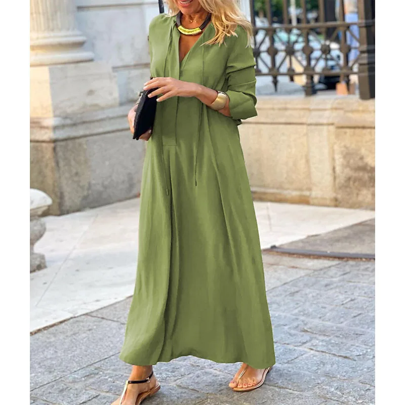 Women's Clothing 2023 Autumn and Winter Fashion New V-neck Long Sleeve Splice Pockets Simplicity Solid Color High Waist Dress