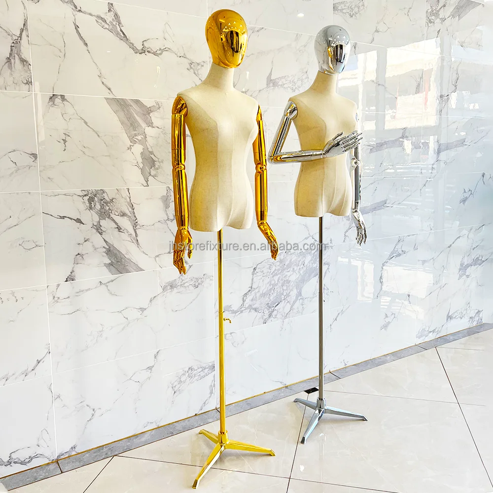 Hersteller Goldfarbe verstellbare realistische weibliche Halbkörper-Schaufensterpuppe weiblich für Luxus-Bekleidungsgeschäft