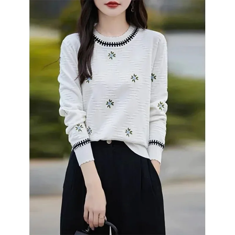 Women Floral O-neck Loose Knitted Pullovers Autumn Winter Commute Elegant Warm Knitwear Tops Soft Comfort Wool Sweaters