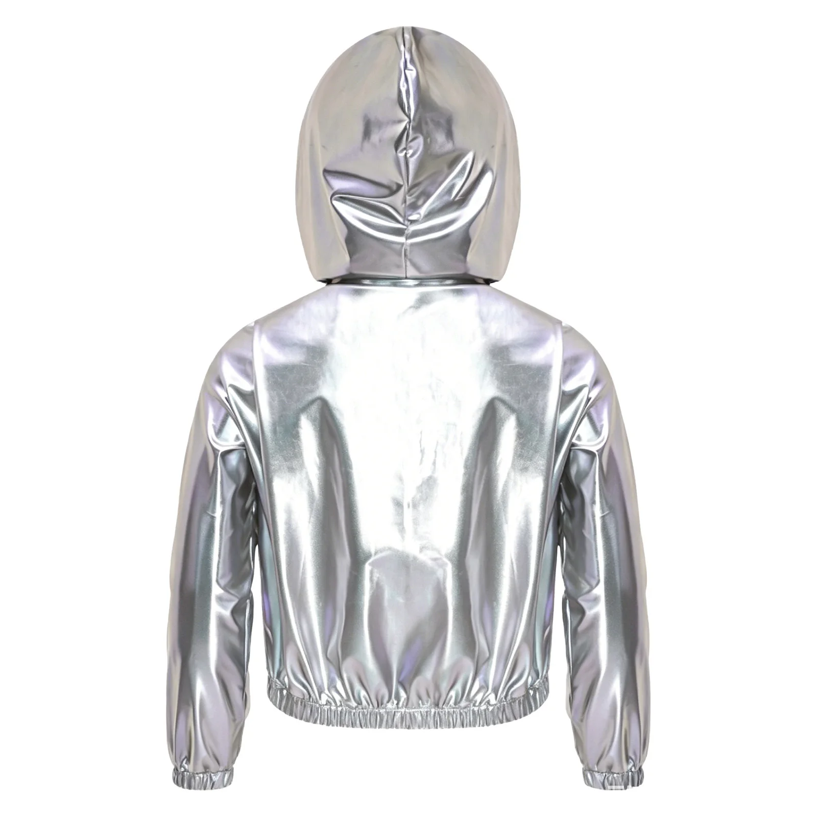 Kids Girls Metallic Hooded Jacket Long Sleeve Zipper Shiny Coat Outerwear for Hip Hop Dance Stage Performance Disco Costume