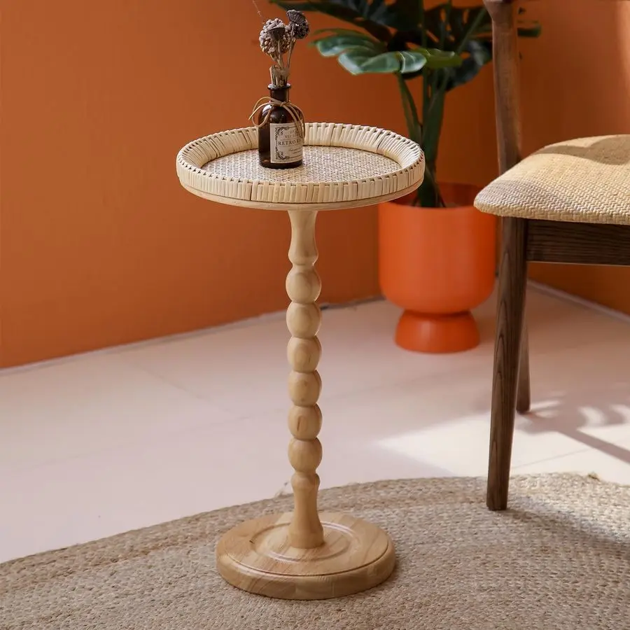 

Drink Tableattan Round Small Side Table for Small Spaces, Boho Circle End Table Coffee Table with Solid Wood Leg for Living Roo