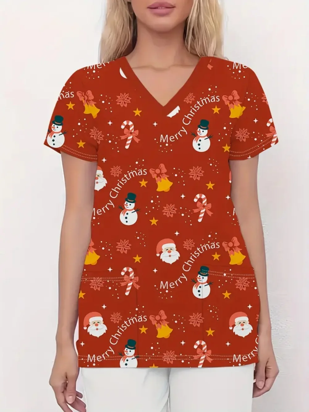 Świąteczne uniformy medyczne damskie, uroczy nadruk z kreskówkami, letni styl, krótki rękaw, z kieszeniami, odzież medyczna dla kobiet.