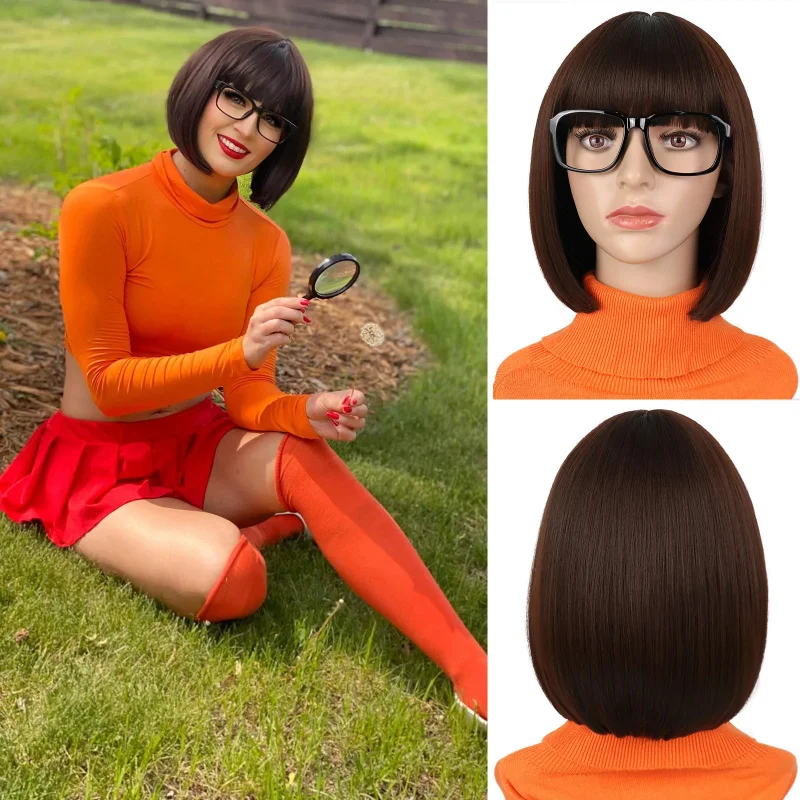 

Brown Bob Wigs For Costume Women Girls With 1*Black Glasses Short Bob Hair Wig With Bangs Natural Cute Synthetic Colorful Wig