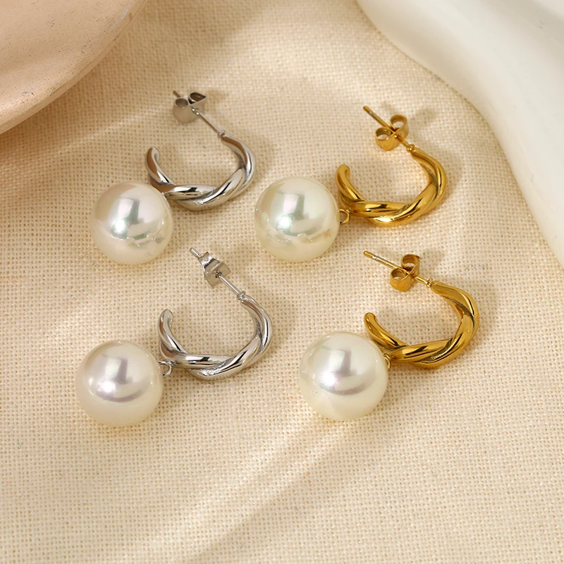 

Stylish 16K Gold Plated Stainless Steel Plastic Pearl Drop Earrings for Women Dangle Hoops Studs Earrings Waterproof Jewelry