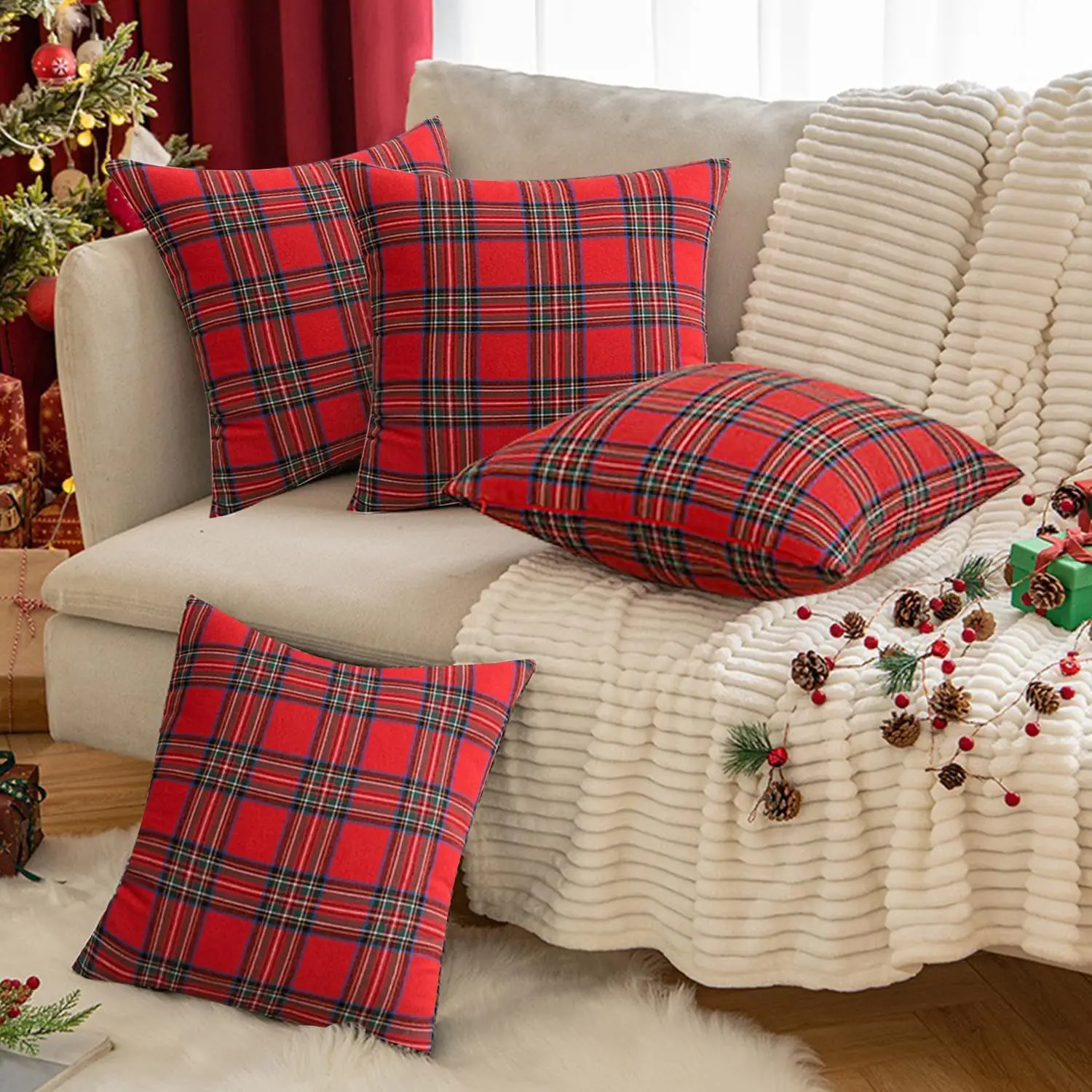 Christmas Plaid Decorative Throw Pillow Covers Scottish Tartan Cushion Case for Farmhouse Home Holiday Decor Sofa Couch Decor