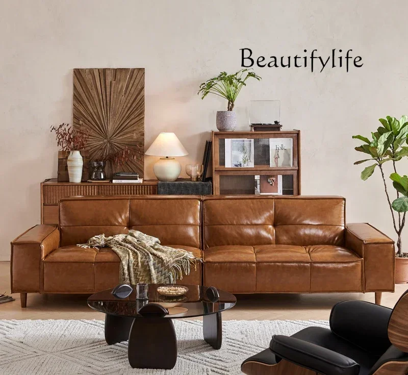 Nordic medieval leather sofa living room Italian minimalist oil wax leather three-person sofa