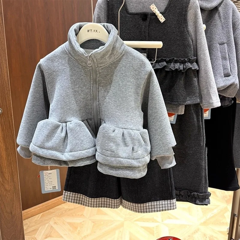 الأطفال سترة الفتيات هيم مزدوج الصوف سميكة سستة معطف فوقي 2025 شتاء جديد ملابس الأطفال الموضة