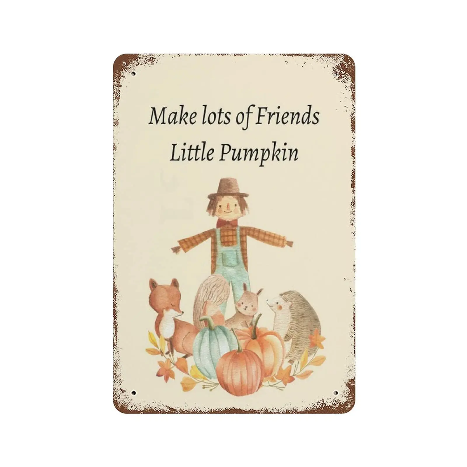Vintage Metal Tin Sign Plaque,Little Pumpkin Hedgehog Squirrel Scarecrow Woodland Tin Sign,Man cave Pub Club Cafe Home Decor Pl