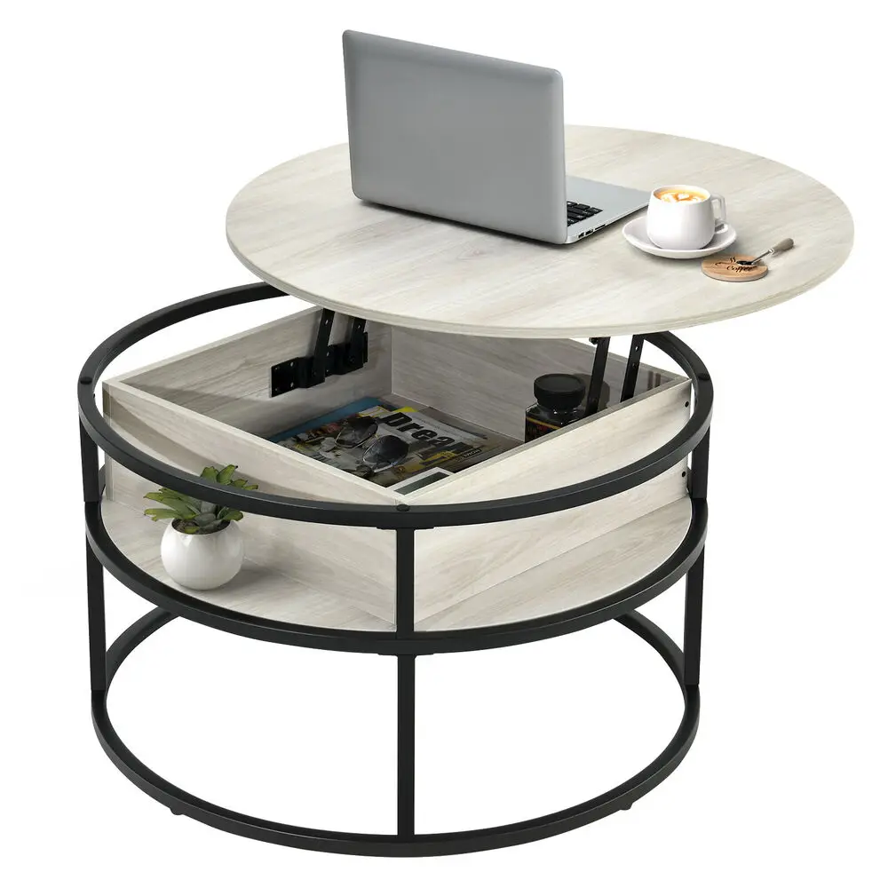 2 Tier Round Lift Top Coffee Table with Hidden Storage Compartment Home Office