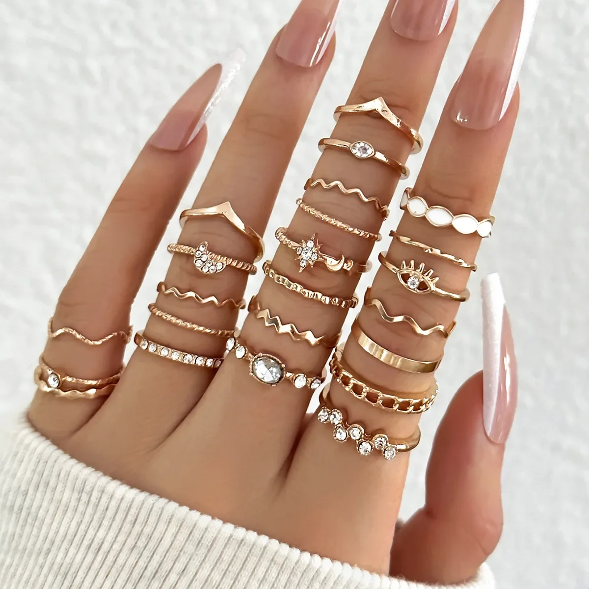 23Pcs Trendy Simple Knuckle Rings Set For Women Crystal Star Moon Eye Wave Ring Female Fashion Party Jewelry Accessories