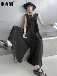 [EAM] Women Black Pleated Big Size Long Jumpsuit New High Waist Pocket Stitch Pants Fashion Tide Spring Summer 2024 1DH4530