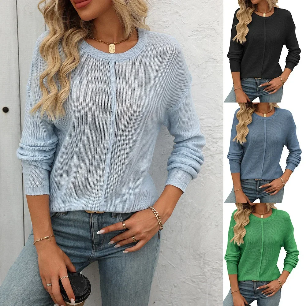 2025 Women Sleeved Knitted Coarse Needle Casual Sweater Spring Autumn Knitted Tops Female Casual Knitwears Tops Round Neck Long