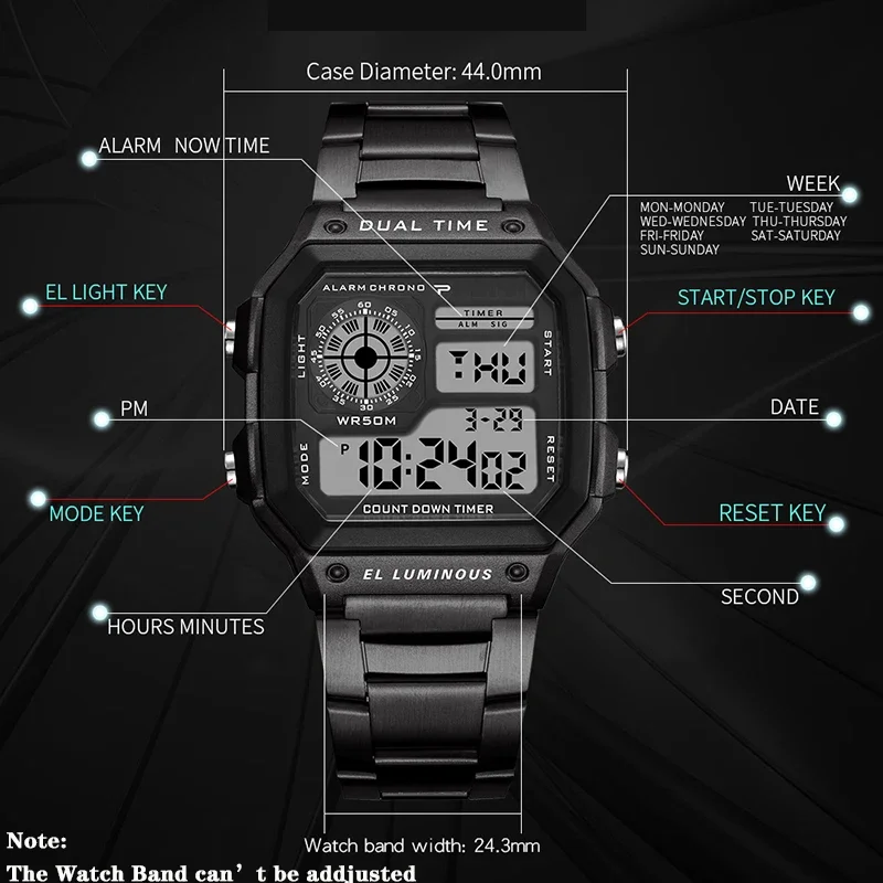 Luxury Men\'s Wristwatch Multifunction LED Digital Watch Alloy Strap Classic Business Men Watch 7-colors Luminous Sport Watches