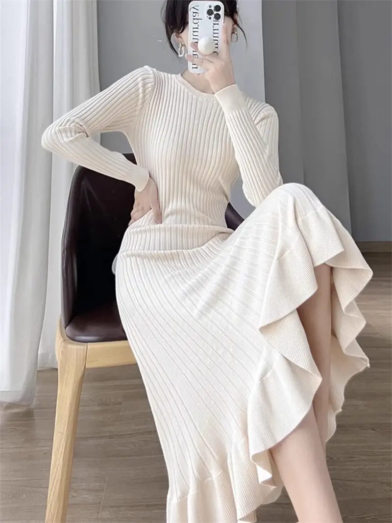 

Knit Dress Women 2023 Fashion Long Sleeve Elegant Slim Ruffle Autumn Winter Korean Style Dress Bottom Female Sweater Robe Z3805