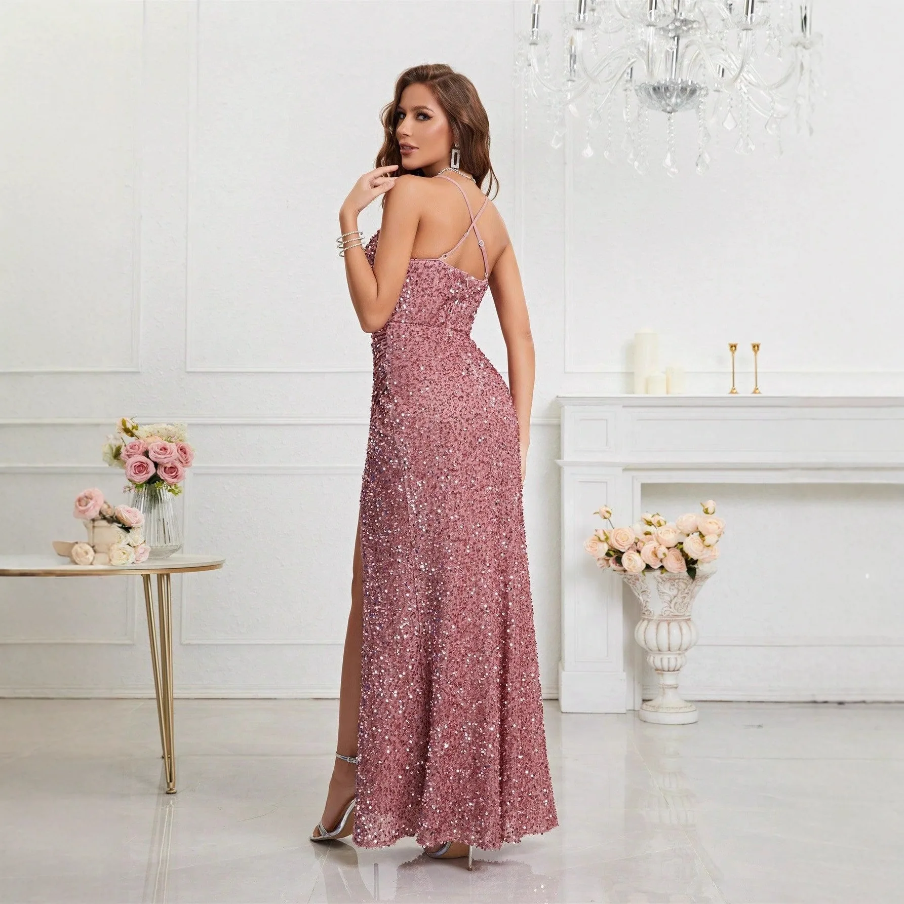 Ele Slim Fit Pailletten Dr V-Ne Langes Abendkleid für Damen Sommer 2024, Polyesterstoff, Cany, jährliches Abendessen