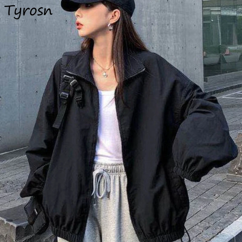 

Jacket Women Zipper Pocket Stand Korean Style Basic Coat Outerwear Simple Loose Casual All-match Top Harajuku Fashion Vintage