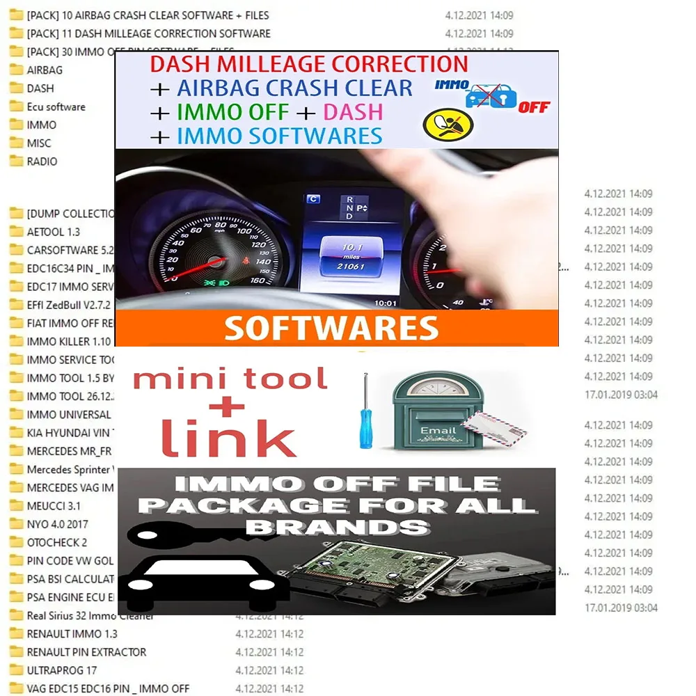 

IMMO OFF FILE PACKAGE Immo Airbag DASH MILLEAGE CORRECTION + AIRBAG CRASH CLEAR + IMMO OFF + DASH + IMMO SOFTWARES / TOTAL 32 GB