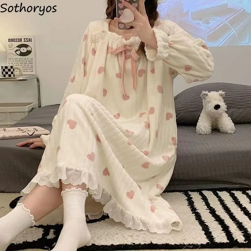 Flannel Nightgowns Women Sweet Ins Lovely Heart Print Winter Midi Square Collar Bow Baggy Lace Korean Thermal Warm Female Mujer