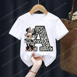 Camiseta de Minnie Letter A B C D para niños, ropa Kawaii de Disney para niñas, camiseta de dibujos animados de Anime, Tops casuales para niños, Tops de manga corta