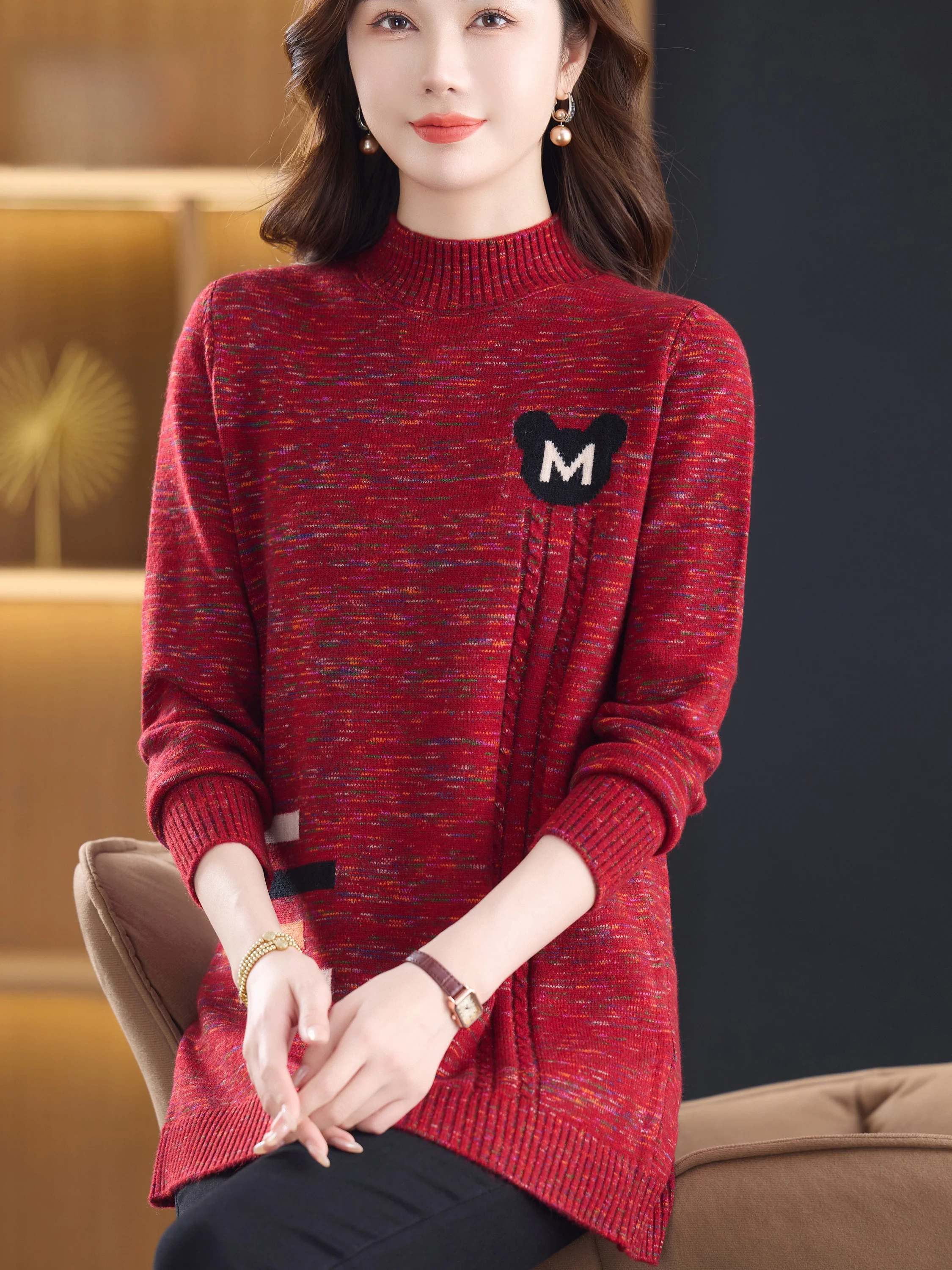 

Женский вязаный свитер свободного кроя с высоким воротником, узором «цветы», теплый, средней длины, осенне-зимняя верхняя одежда для полных женщин