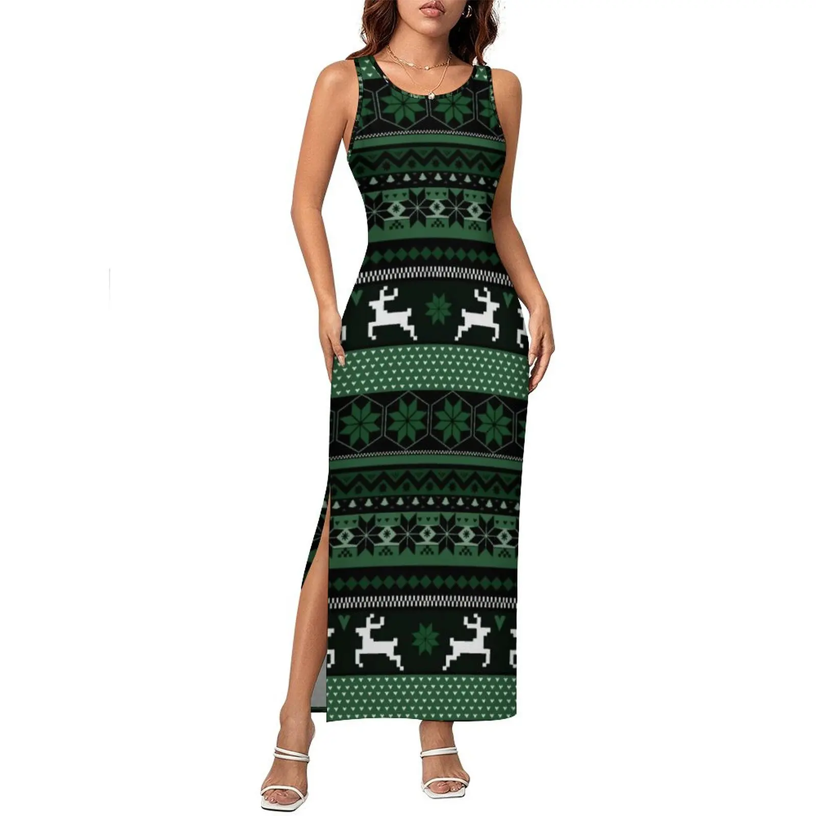 ผู้หญิงชุดเข้ารูปชุดลําลองนอร์ดิกคริสต์มาสพิมพ์ชุด Maxi วันหยุดสีเขียว Fair Isle แขนกุด Y2K แฟชั่นชุดขนาดใหญ่