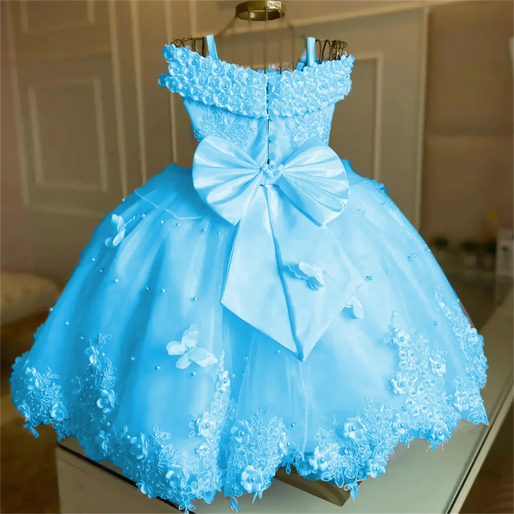 Robe de demoiselle d'honneur bleu ciel avec perles, papillon 3D, nœud papillon, fête d'anniversaire, robe de Rhde princesse de Noël pour enfants, mariage