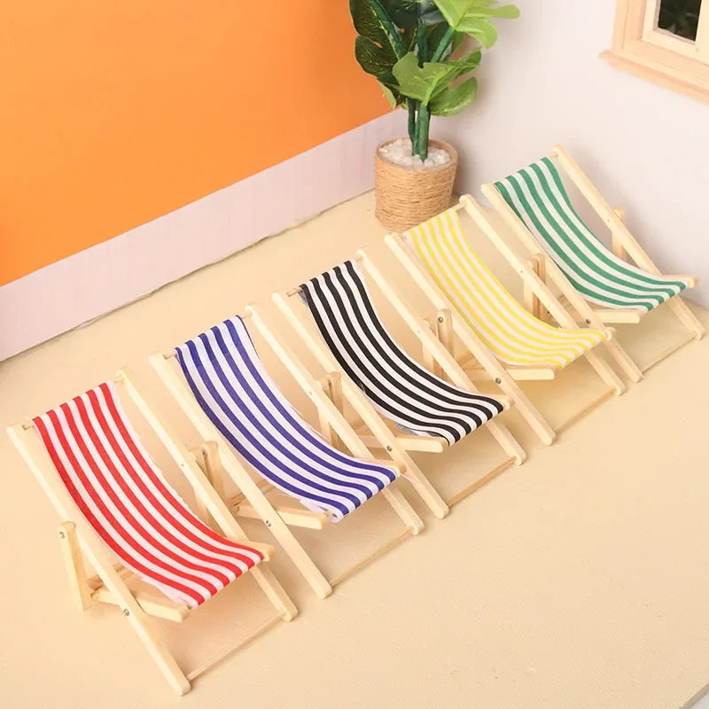 1:12 Mini Dollhouse Pocket Furniture Garden Sun Swimming Hotel Bed Outdoor Luxury Wood Pool Furniture Beach Folding Wooden Chair