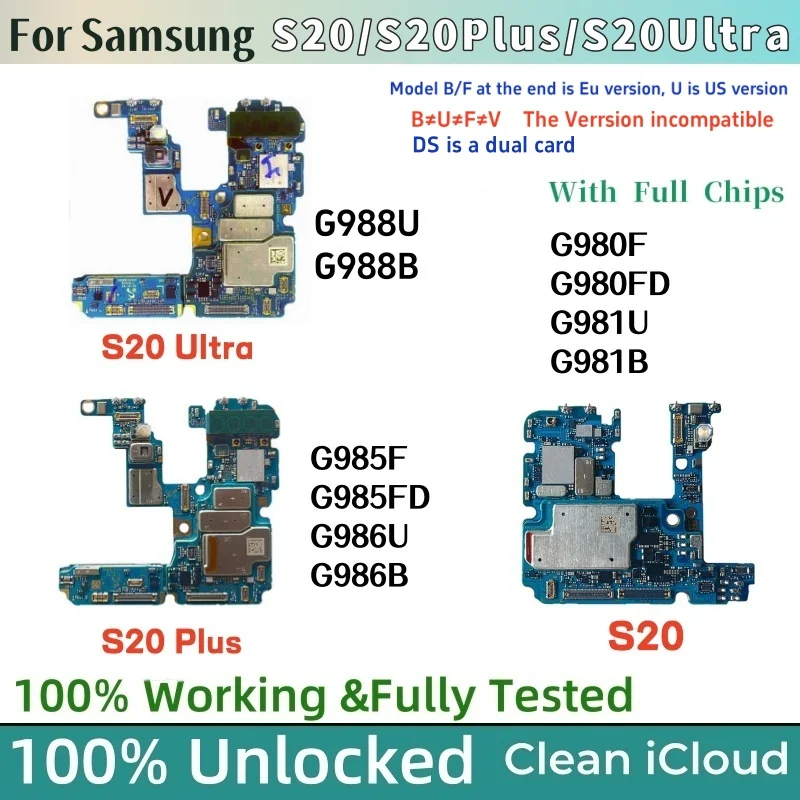 Unlocked For Samsung Galaxy S20 5G G980 Motherboard S20 Plus 5G G986U G986B Logic Board with Full Chips S20 Ultra G988 Mainboard