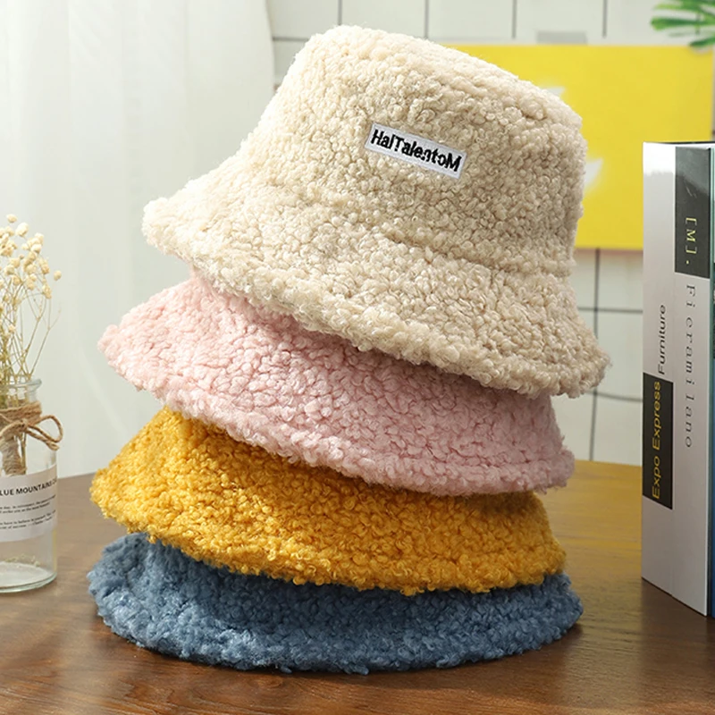 Unisex Winter Warm Hats Lamb Wool Bucket Hat For Women Lady Thicken Flat Top Cap Unisex Men Panama Outdoor Fisherman Hat Caps