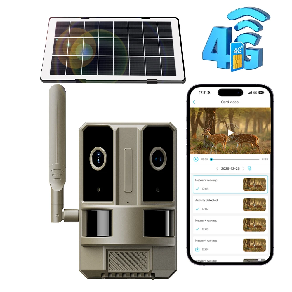 EU 4G LTE Cellular Dual-Lens Dual-PIR 4MP Night Vision Battery Solar Hunting Trail Wildlife Game Home Security Camera Outdoor
