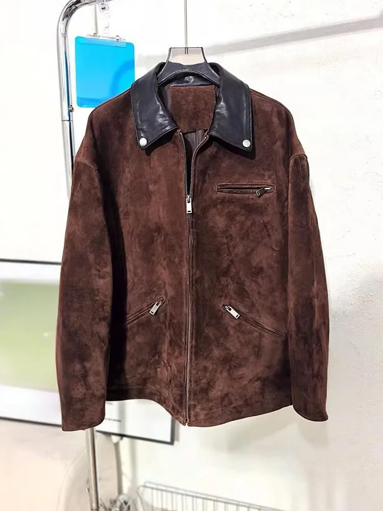 New Designer Women Zipper Sheepskin Loose Sreal Suede Leather Ladies Jacket Sleeve With Shoulder Outerwear Fashion Autumn Winter