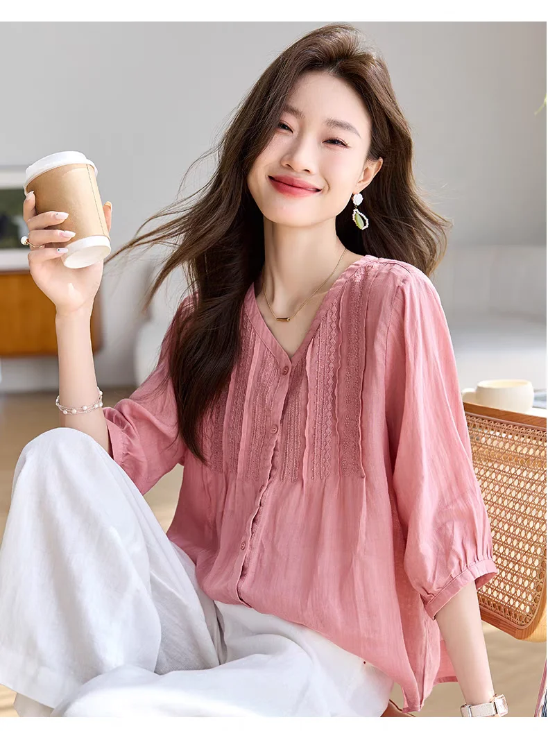 Letnia moda wysokiej jakości koszula haftowana dla kobiet Koreański styl Dekolt w serek Ochrona przed słońcem Jednolity kolor Klasyczna bluzka Damskie topy