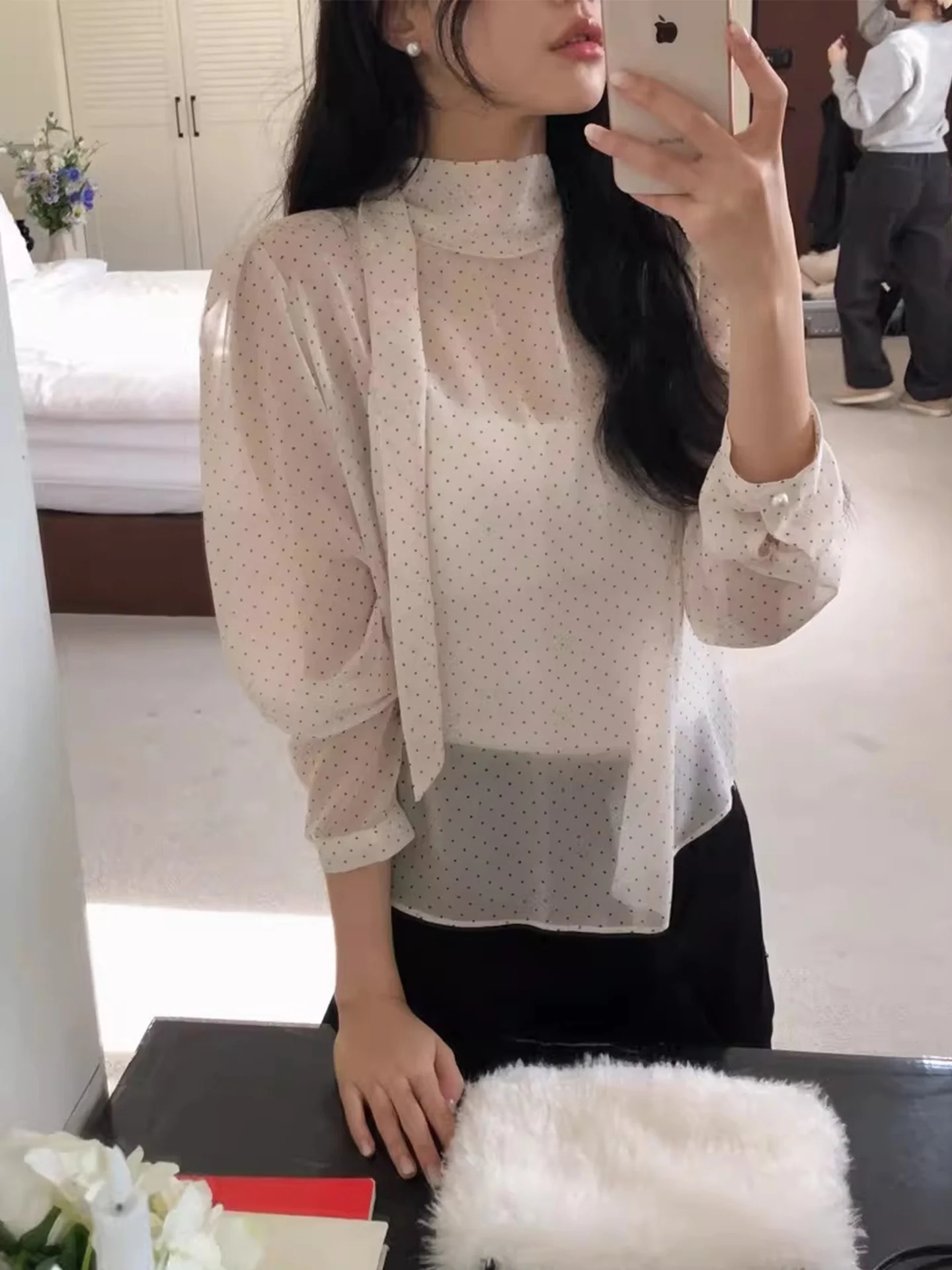 Ele Ne suspendu Sa couleur Blo à pois Base irt femmes début du printemps petit ence Perforation bulle Sve haut