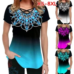 New Fashion Women Gradient Print Blouses Casual Short Sleeve V-Neck Cross Shirt Summer Oversized Ladies Tops 8XL Large Size