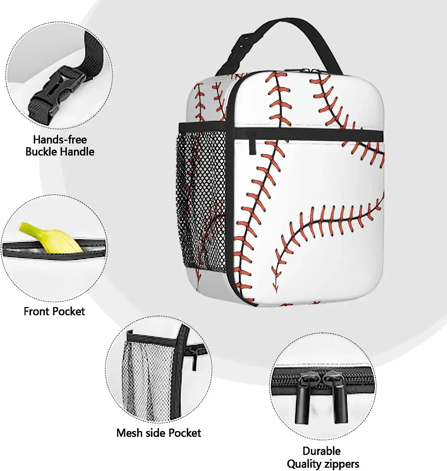 Baseball Lunch Bag for Women Men Insulated Reusable Lunch Box for Work School Picnic Portable Thermal Cooler Bento Tote Bag